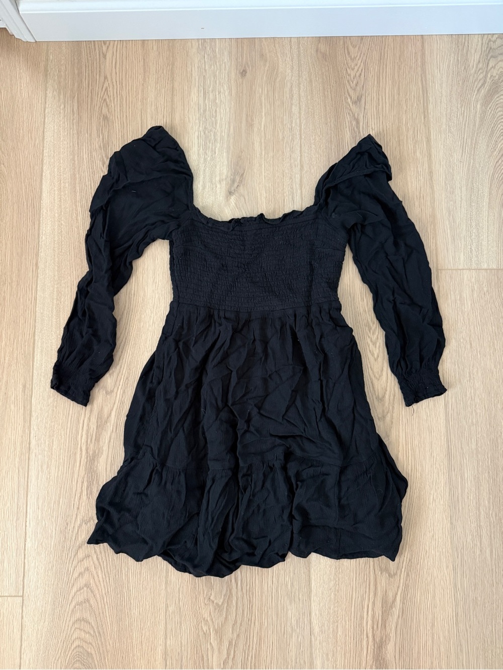 Black Smocked Bodice Long Sleeve Dress